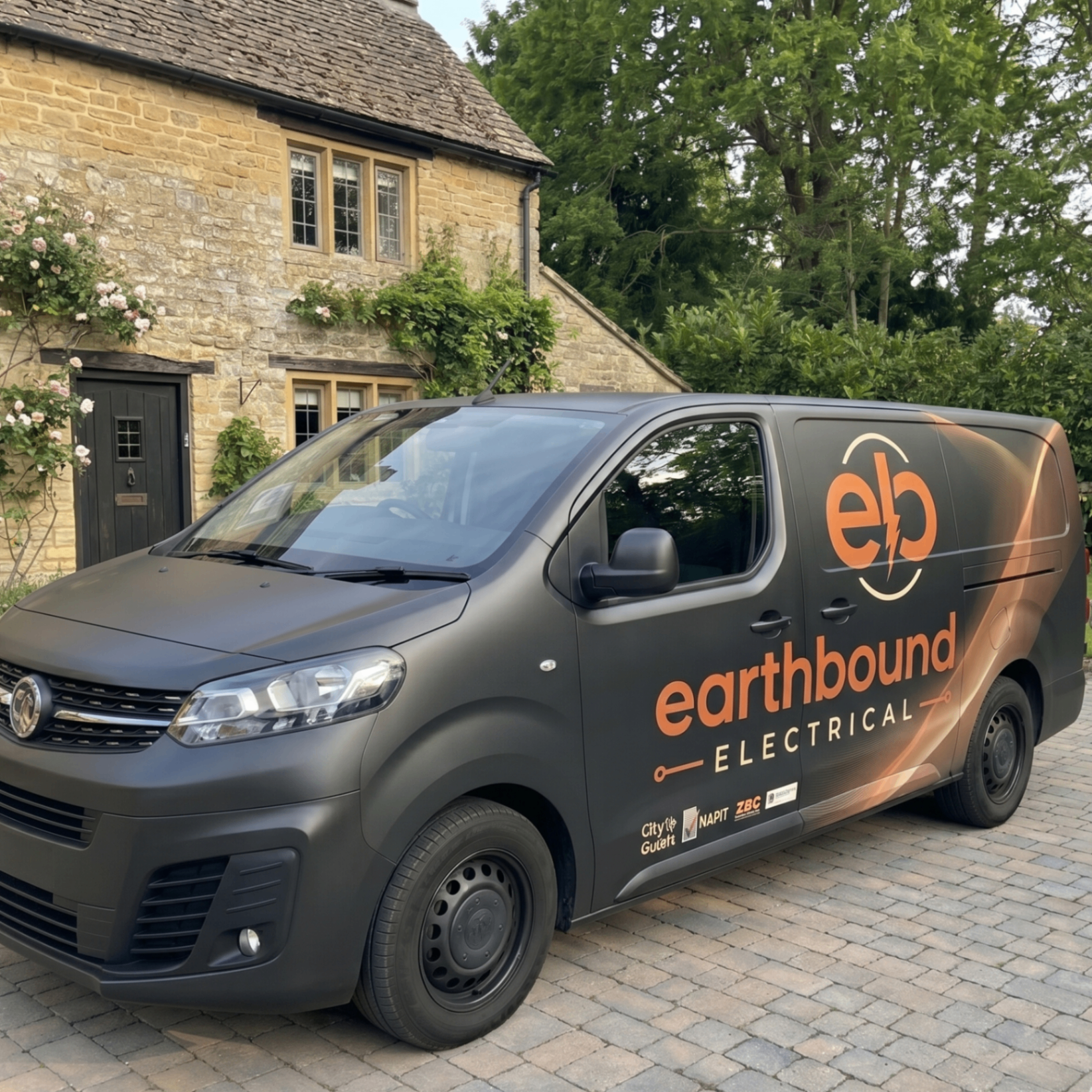 Earthbound Electrical branded van parked outside a Lancashire home